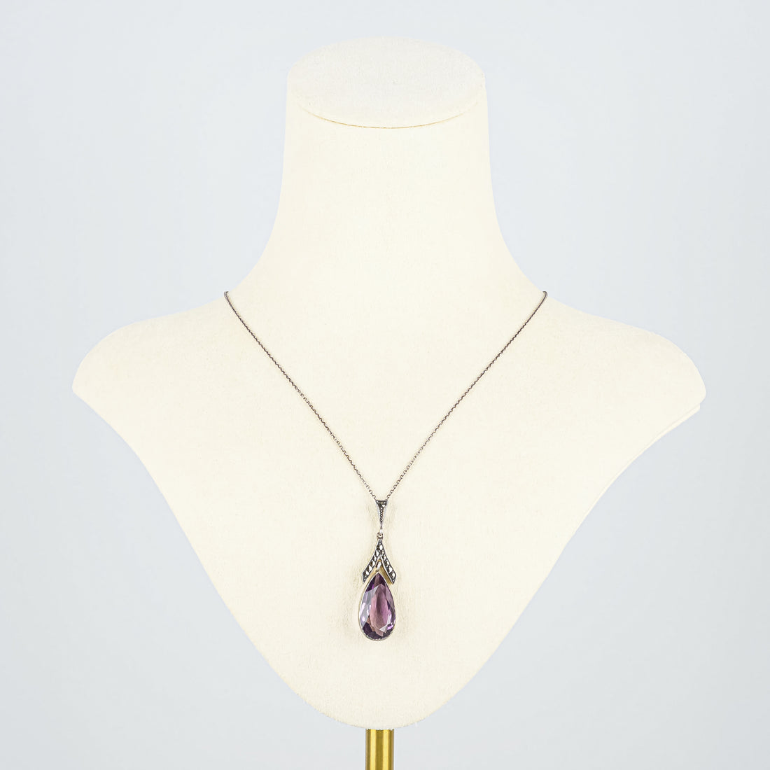 Vintage 935 Silver Amethyst and Marcasite Dangle Pendant Necklace