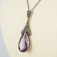Vintage 935 Silver Amethyst and Marcasite Dangle Pendant Necklace
