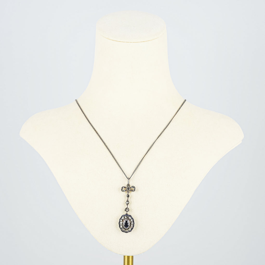 Vintage 900 Silver Cobalt Flint Glass and Marcasite Bow-Drop Necklace