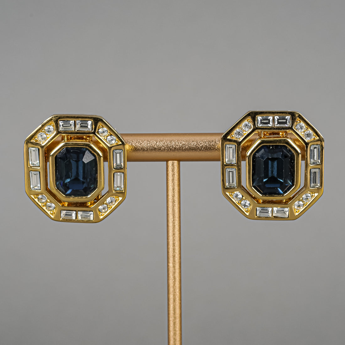 DIOR Gold-Tone Clear/Blue Cubic Zirconia Octagon Clip Earrings
