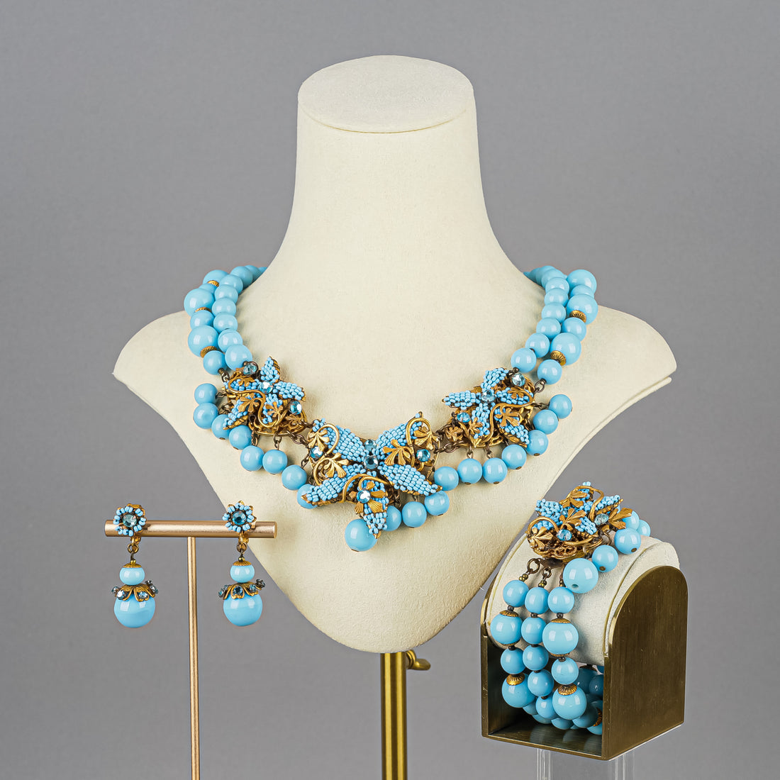 MIRIAM HASKELL Gold-Tone Faux-Turquoise/Blue Rhinestone Set