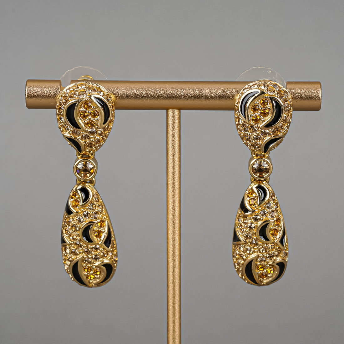 DIOR Gold-Tone Clear Cubic Zirconia And Black Enamel Drop Earrings