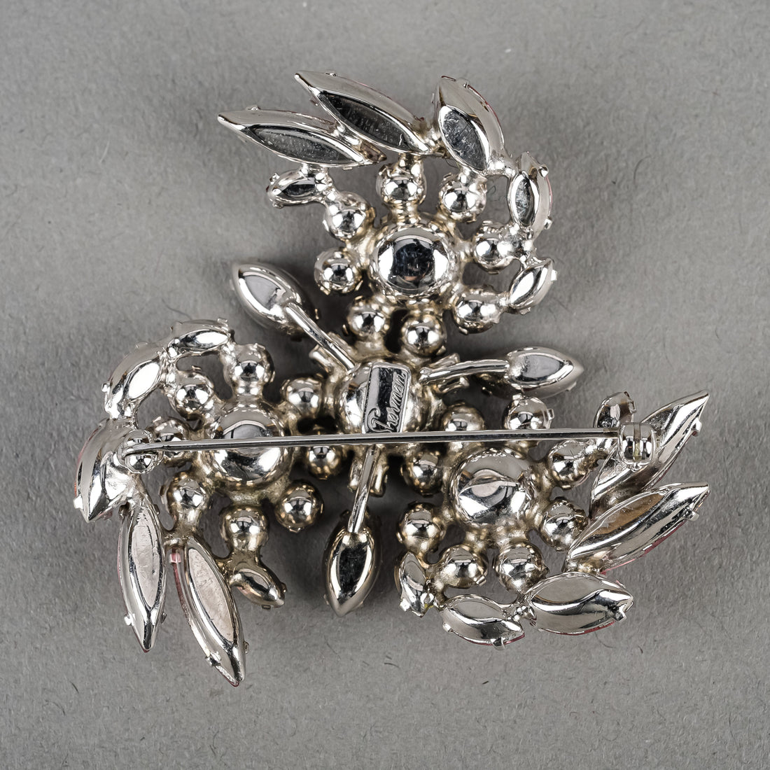 SHERMAN Silver Tone Pink Rhinestones Pinwheel Brooch