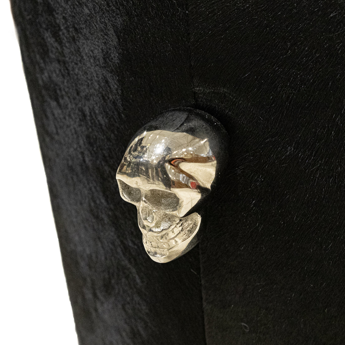 Black Pony Fur Pouf With Skull Handles