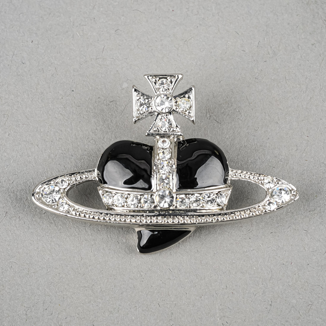 VIVIENNE WESTWOOD Silver Tone CZ Black Enamel Orb Brooch