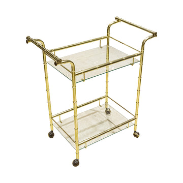 Vintage Bamboo Motif Brass Plate & Glass Drinks Cart