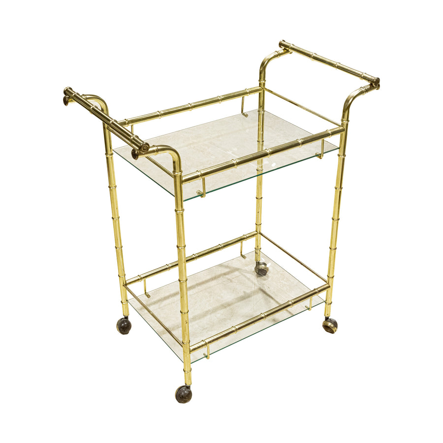 Vintage Bamboo Motif Brass Plate & Glass Drinks Cart