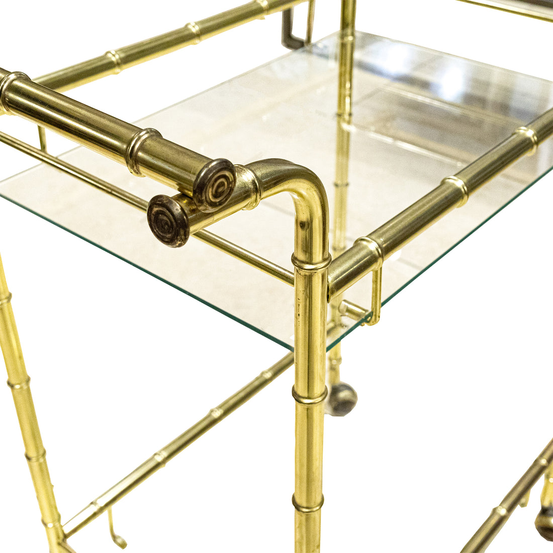 Vintage Bamboo Motif Brass Plate & Glass Drinks Cart