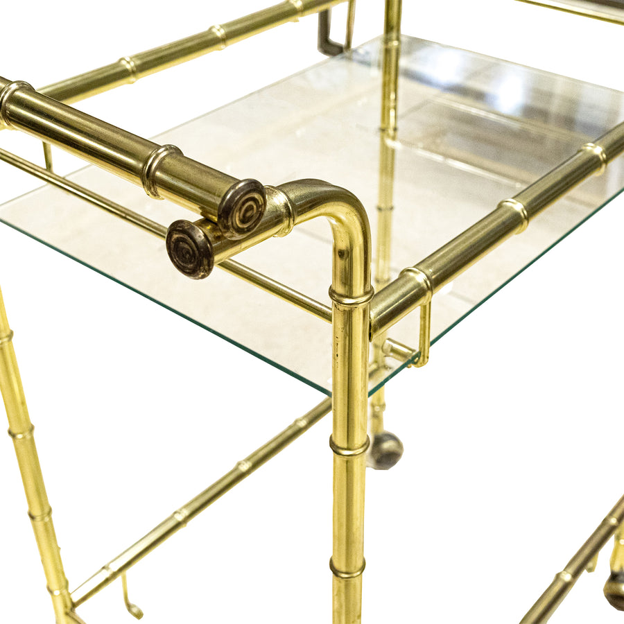 Vintage Bamboo Motif Brass Plate & Glass Drinks Cart