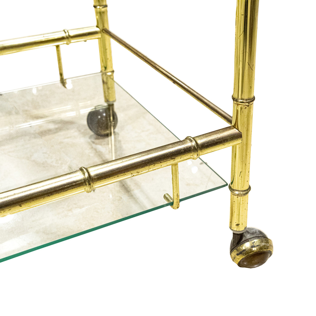 Vintage Bamboo Motif Brass Plate & Glass Drinks Cart