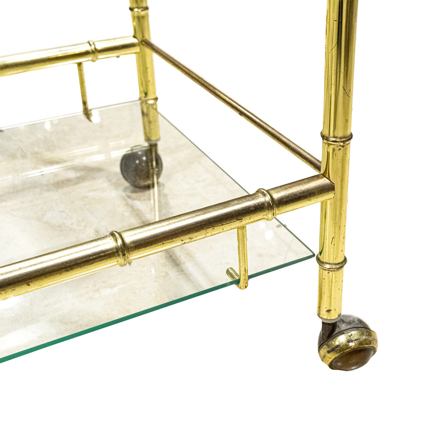 Vintage Bamboo Motif Brass Plate & Glass Drinks Cart