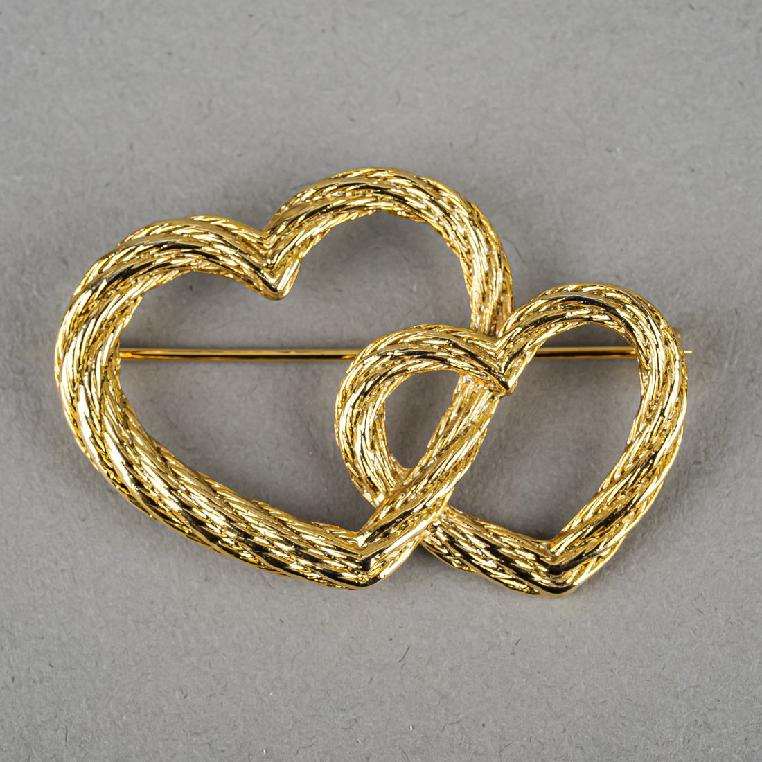 CHRISTIAN DIOR Gold Tone Double Heart Brooch