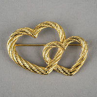 CHRISTIAN DIOR Gold Tone Double Heart Brooch