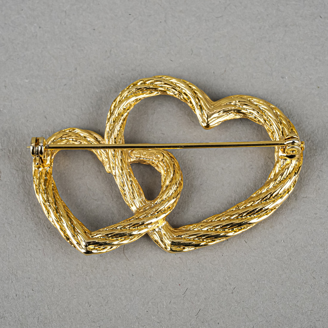 CHRISTIAN DIOR Gold Tone Double Heart Brooch
