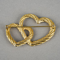 CHRISTIAN DIOR Gold Tone Double Heart Brooch