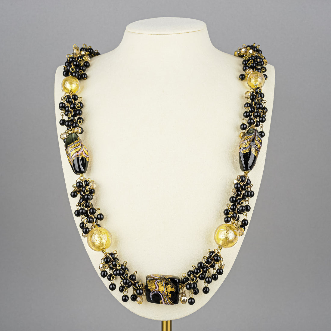 Murano Black Gold Glass Bead Dangle Necklace