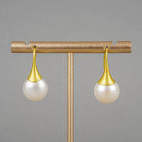 18K Yellow Gold Button Pearl Drop Earrings