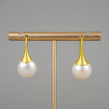 18K Yellow Gold Button Pearl Drop Earrings