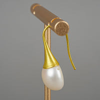18K Yellow Gold Button Pearl Drop Earrings