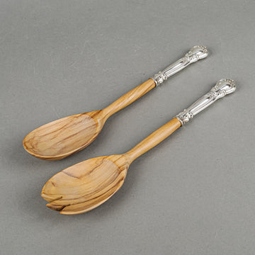 BIRKS Chantilly Sterling Handle Wooden Salad Server Set Of 2