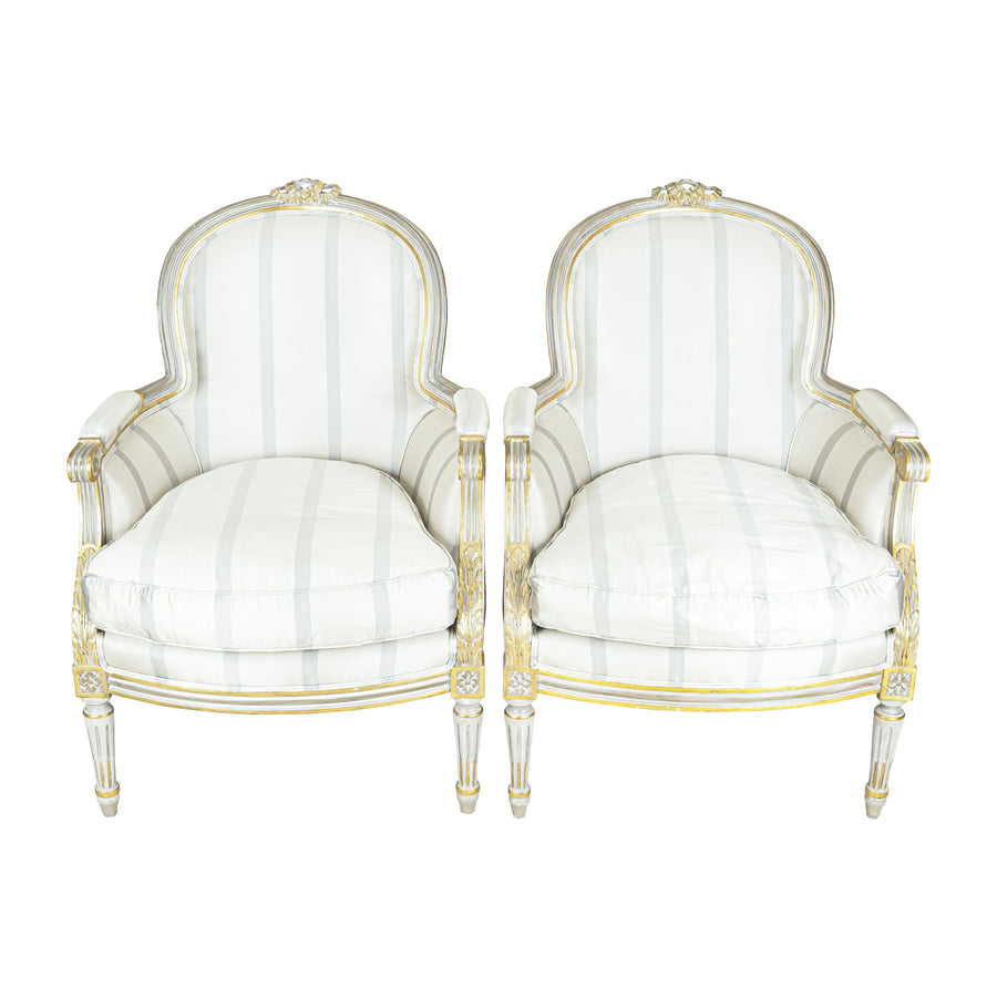 Louis XVI Style Bergère Chairs Grey Upholstery Set of 2