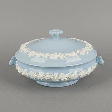 WEDGWOOD White On Blue Embossed Queens Ware Round Covered Serving