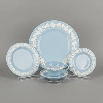 WEDGWOOD White On Blue Embossed Queens Ware 11 Place Settings Plus Extras