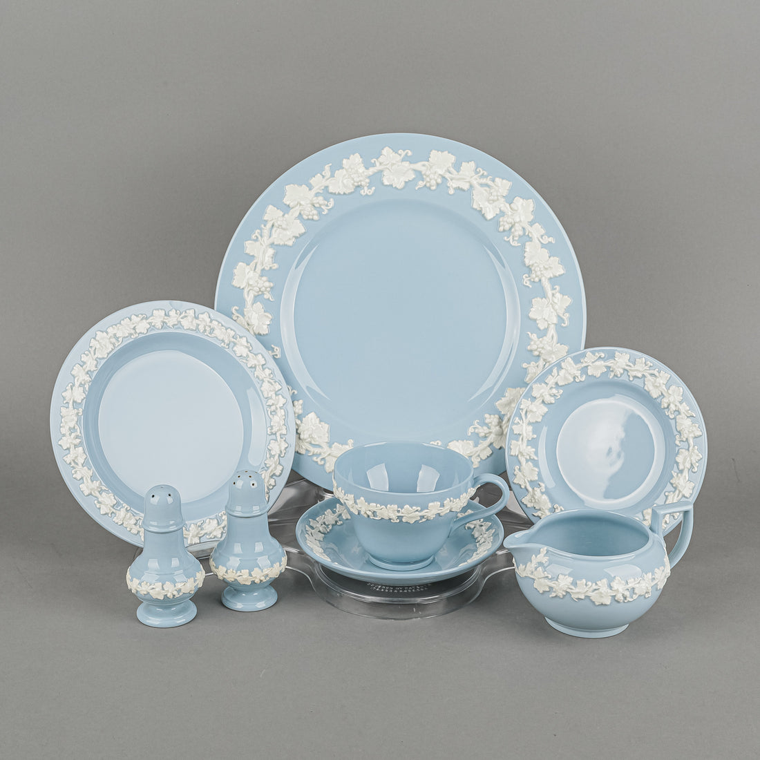 WEDGWOOD White On Blue Embossed Queens Ware 11 Place Settings Plus Extras
