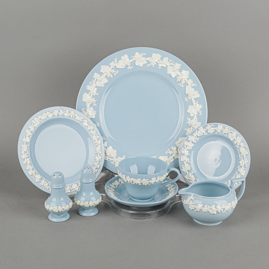 WEDGWOOD White On Blue Embossed Queens Ware 11 Place Settings Plus Extras