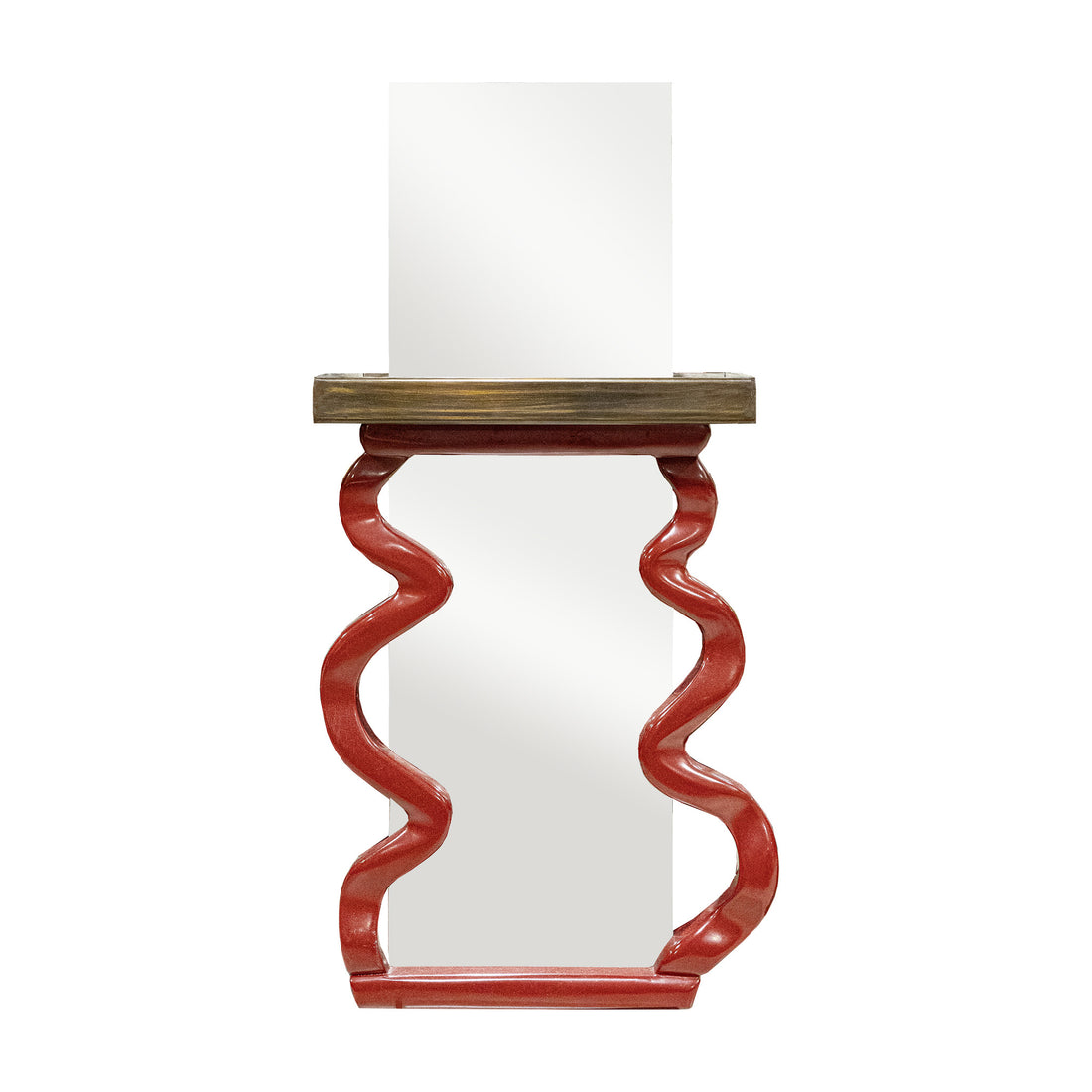 Red Painted Wooden Mirror With Steel Shelf