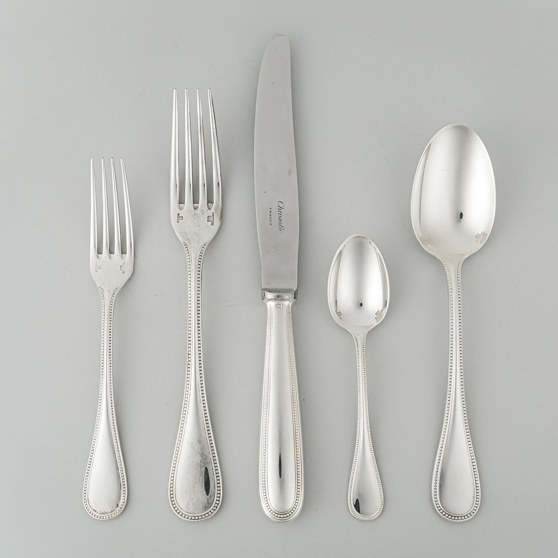 CHRISTOFLE Perles Silverplate Flatware 12 Place Settings Plus Extras