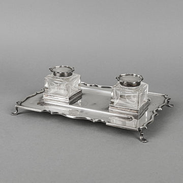 BARKER BROS Sterling Ink Well Stand And Crystal Inkwells 3 Pieces
