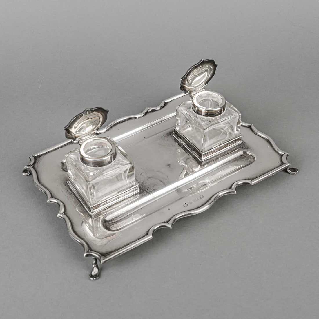 BARKER BROS Sterling Ink Well Stand And Crystal Inkwells 3 Pieces