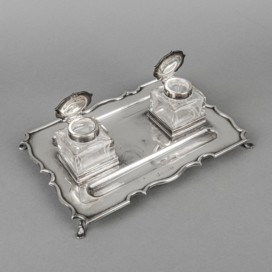 BARKER BROS Sterling Ink Well Stand And Crystal Inkwells 3 Pieces