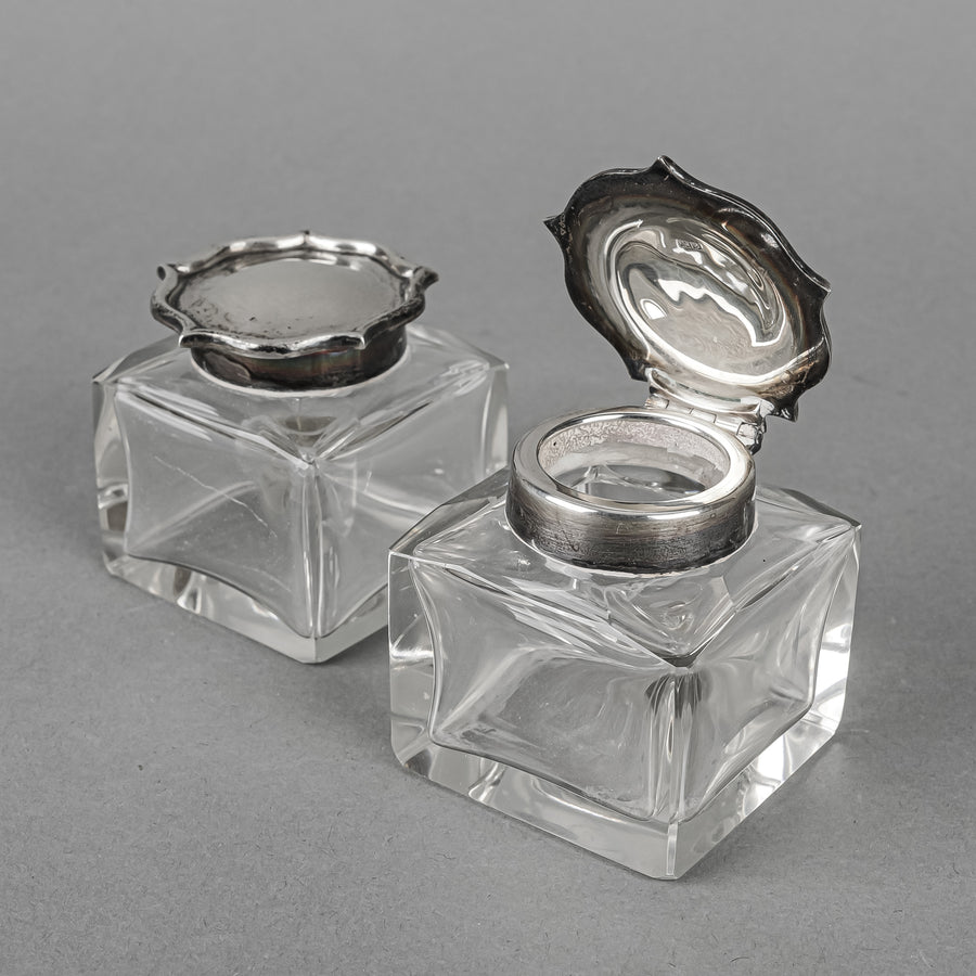 BARKER BROS Sterling Ink Well Stand And Crystal Inkwells 3 Pieces