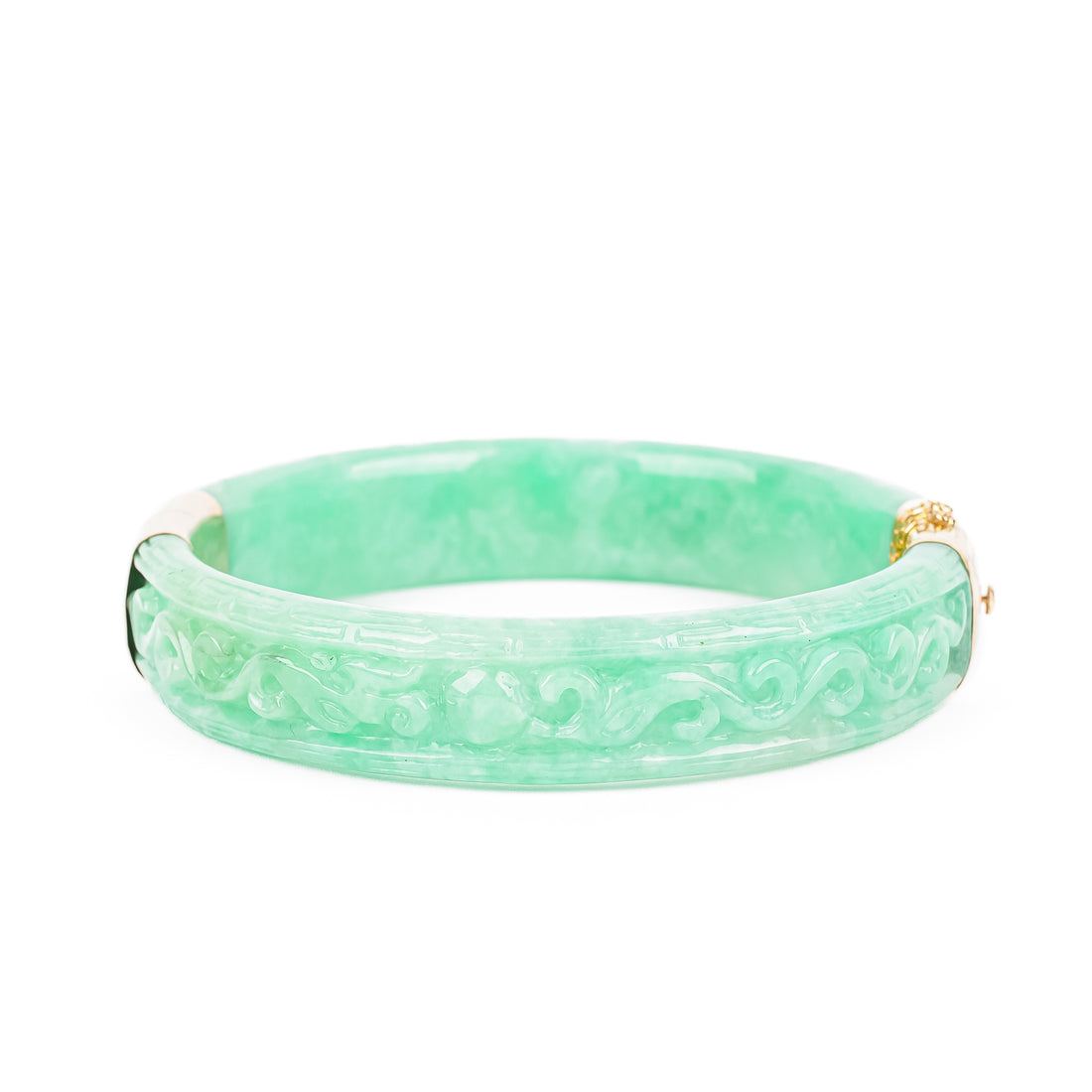 14K Yellow Gold Carved Green Jade Bangle