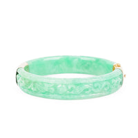 14K Yellow Gold Carved Green Jade Bangle