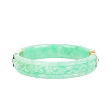 14K Yellow Gold Carved Green Jade Bangle