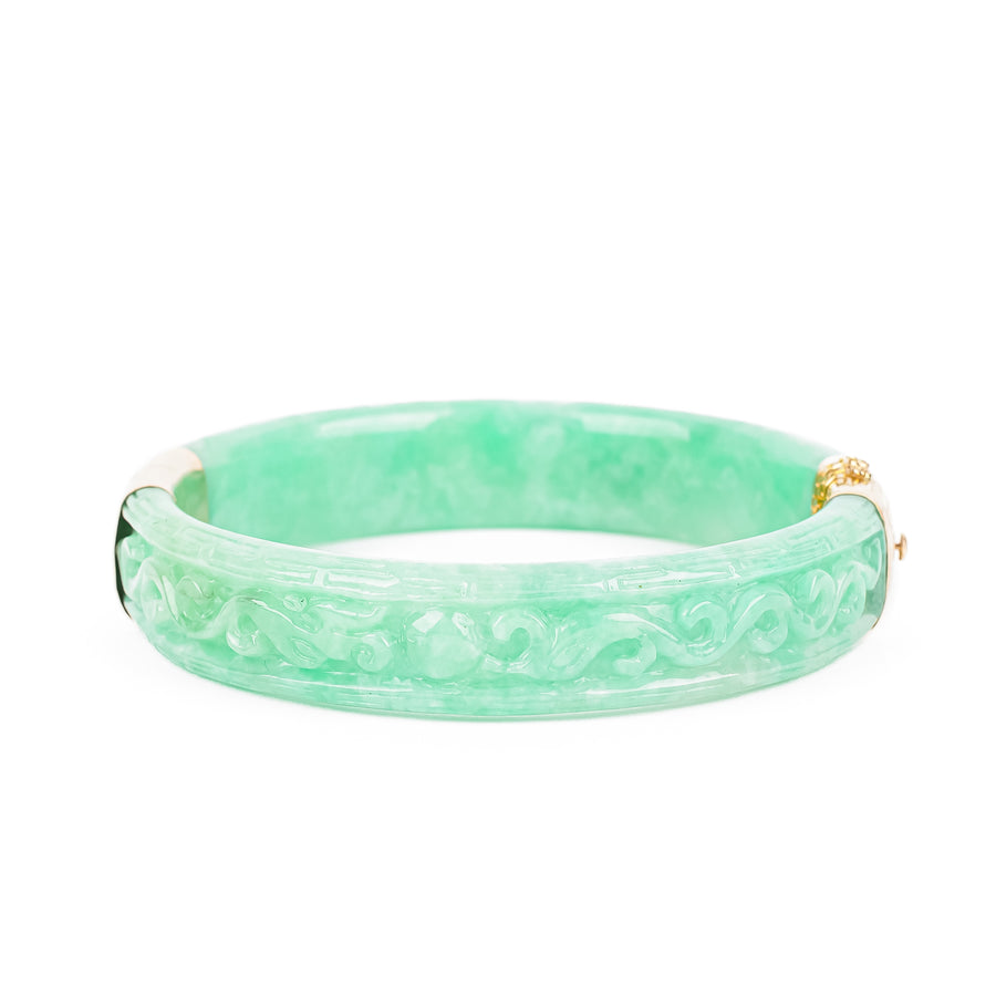 14K Yellow Gold Carved Green Jade Bangle