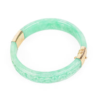 14K Yellow Gold Carved Green Jade Bangle