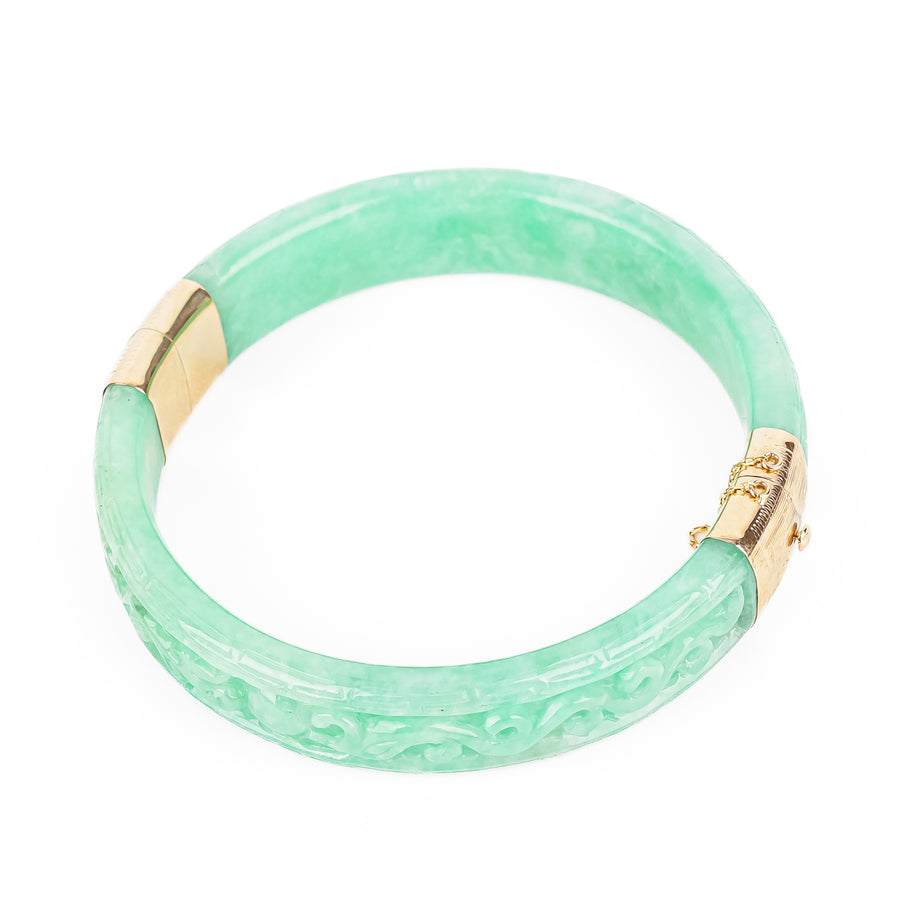 14K Yellow Gold Carved Green Jade Bangle
