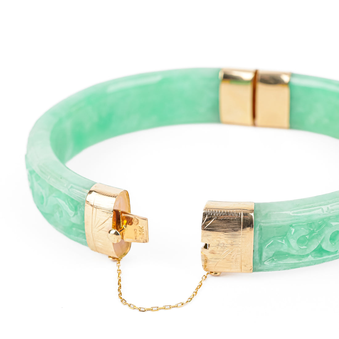 14K Yellow Gold Carved Green Jade Bangle