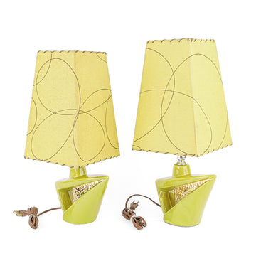 Pair Of Small Vintage Green Ceramic Lamps With Fiberglass Shades