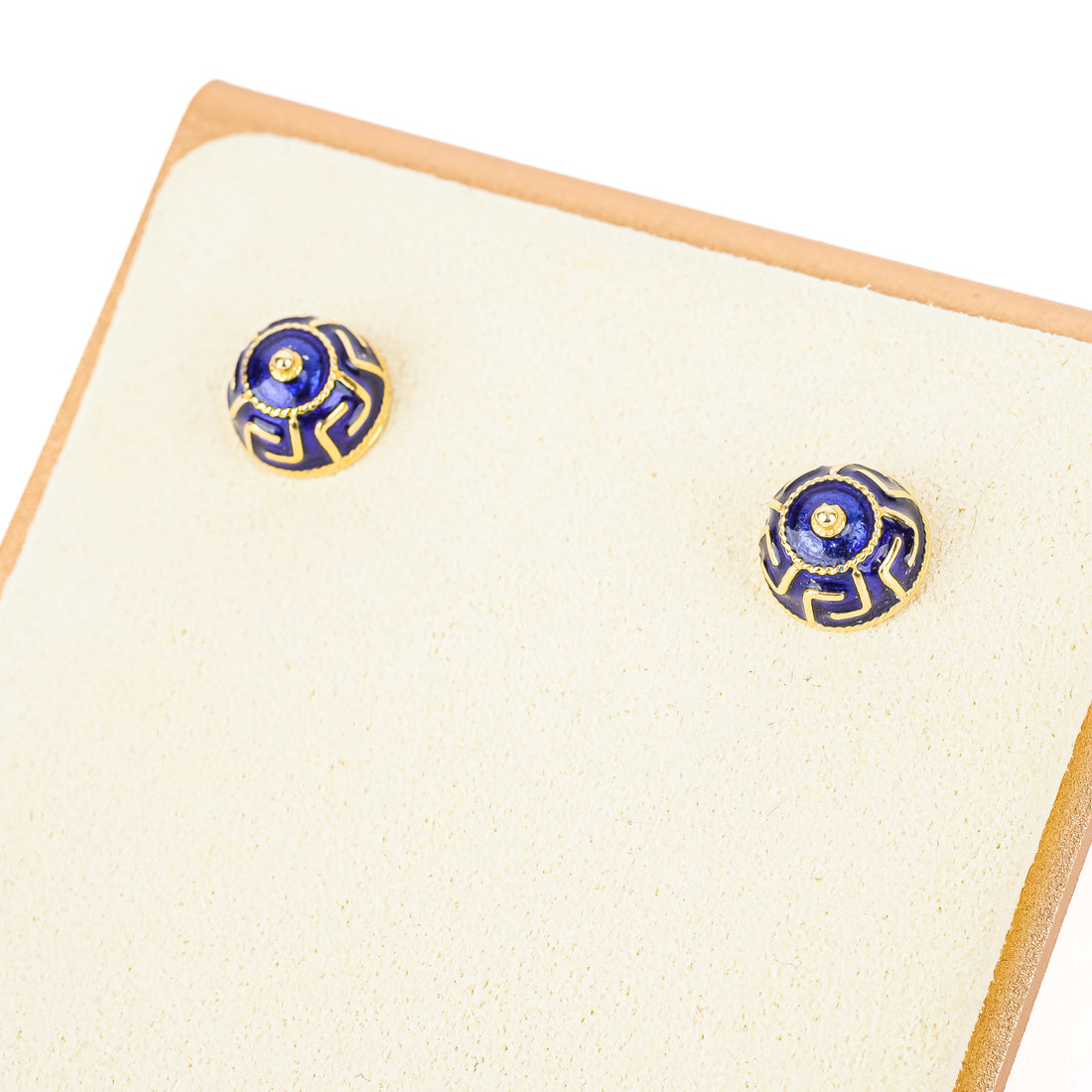18K Yellow Gold Blue Enamel Greek Key Studs