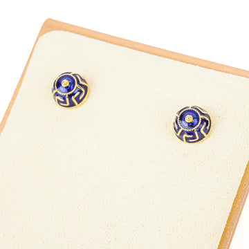 18K Yellow Gold Blue Enamel Greek Key Studs