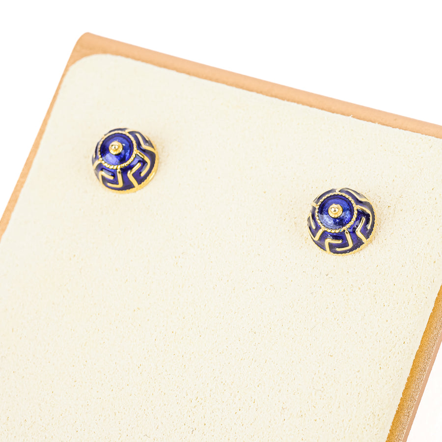 18K Yellow Gold Blue Enamel Greek Key Studs