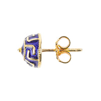 18K Yellow Gold Blue Enamel Greek Key Studs