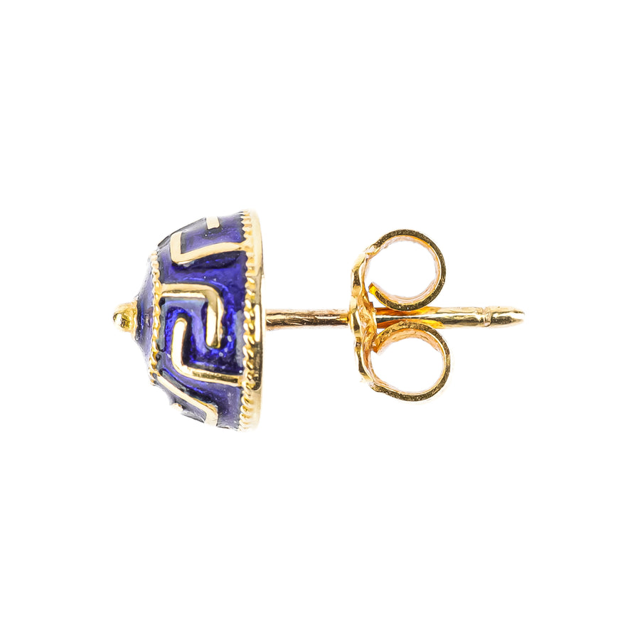 18K Yellow Gold Blue Enamel Greek Key Studs