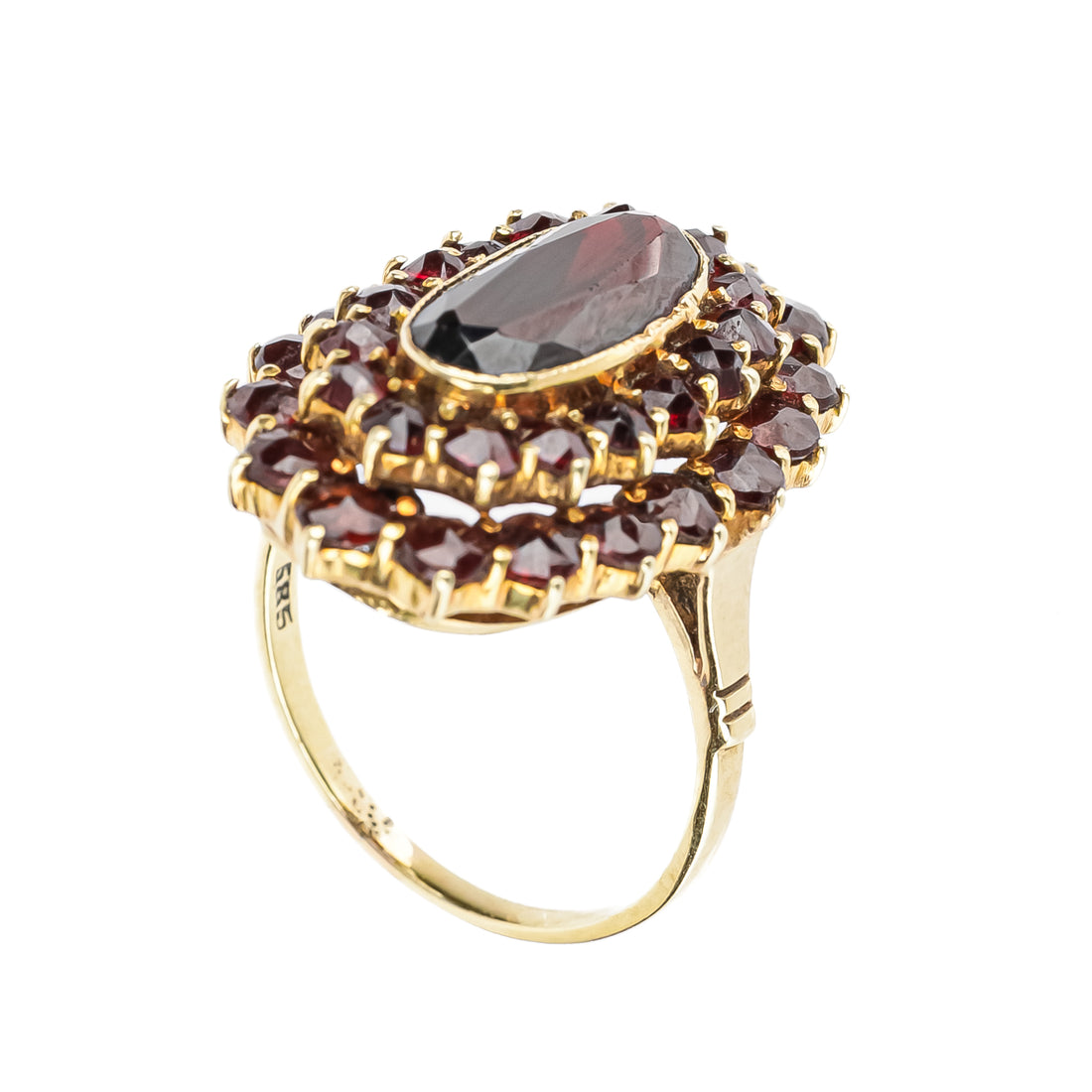 14K Yellow Gold Oval Garnet Halo Cluster Ring