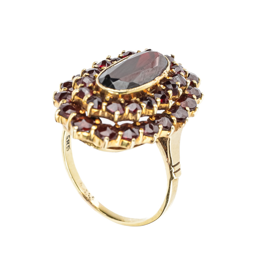 14K Yellow Gold Oval Garnet Halo Cluster Ring
